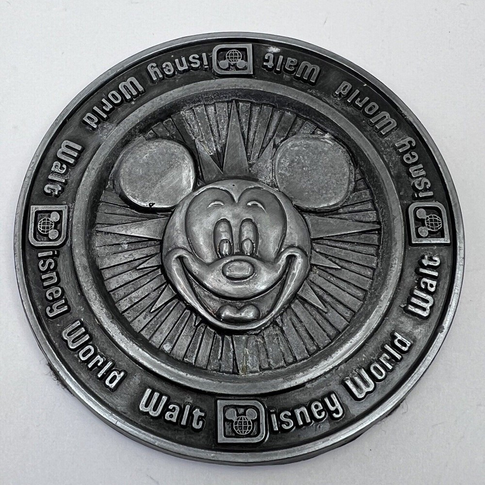 Vintage  Mickey Mouse Metal Pewter Coasters Set Of 4 Walt Disney World Made USA